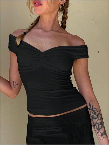 MakeMeChic Women's Off The Shoulder Ruched Short Sleeve Summer Tee Shirt Crop Tops in Saudi Arabia