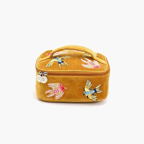 America & Beyond Velvet Embroidered Jewelry Box - منظم التذاكر اليدوي المصنوع يدويًا مع تفاصيل الأزهار بوهو (الذهب) in Kuwait
