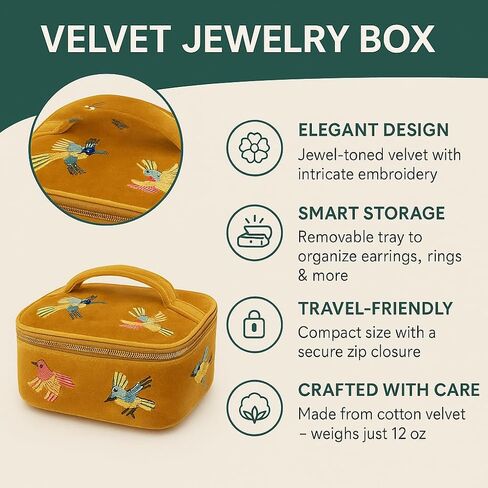 America & Beyond Velvet Embroidered Jewelry Box - منظم التذاكر اليدوي المصنوع يدويًا مع تفاصيل الأزهار بوهو (الذهب) in Kuwait