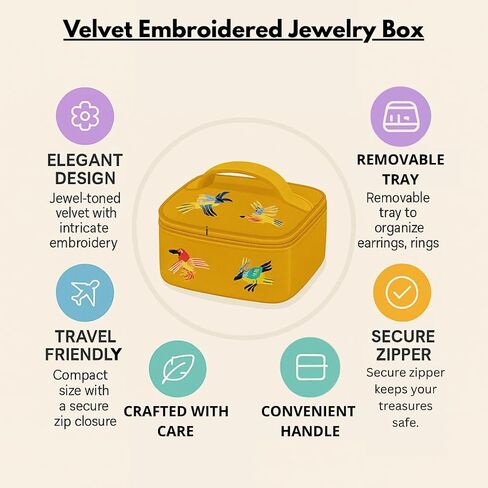 America & Beyond Velvet Embroidered Jewelry Box - منظم التذاكر اليدوي المصنوع يدويًا مع تفاصيل الأزهار بوهو (الذهب) in Kuwait
