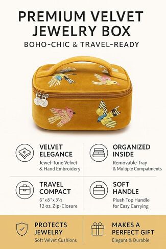 America & Beyond Velvet Embroidered Jewelry Box - منظم التذاكر اليدوي المصنوع يدويًا مع تفاصيل الأزهار بوهو (الذهب) in Kuwait