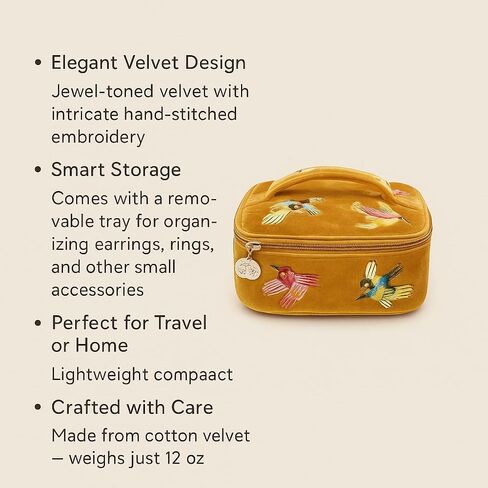 America & Beyond Velvet Embroidered Jewelry Box - منظم التذاكر اليدوي المصنوع يدويًا مع تفاصيل الأزهار بوهو (الذهب) in Kuwait