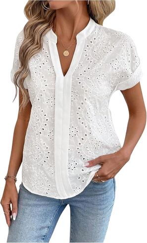 SweatyRocks Women's Boho Summer Blouses Eyelet Embroidery Dolman Short Sleeve V Neck Tops in Saudi Arabia