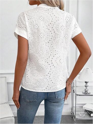 SweatyRocks Women's Boho Summer Blouses Eyelet Embroidery Dolman Short Sleeve V Neck Tops in Saudi Arabia