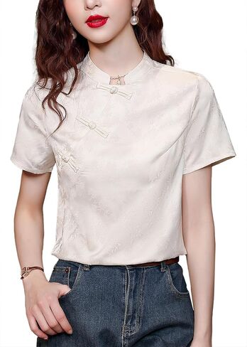 LAI MENG FIVE CATS Women's New Chinese Style Silk Satin Elegant Tops Button Jacquard Vintage Blouse in Kuwait