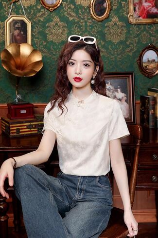 LAI MENG FIVE CATS Women's New Chinese Style Silk Satin Elegant Tops Button Jacquard Vintage Blouse in Kuwait