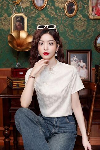 LAI MENG FIVE CATS Women's New Chinese Style Silk Satin Elegant Tops Button Jacquard Vintage Blouse in Kuwait
