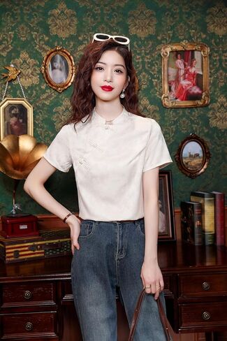 LAI MENG FIVE CATS Women's New Chinese Style Silk Satin Elegant Tops Button Jacquard Vintage Blouse in Kuwait