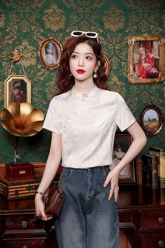 LAI MENG FIVE CATS Women's New Chinese Style Silk Satin Elegant Tops Button Jacquard Vintage Blouse in Kuwait