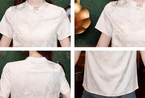LAI MENG FIVE CATS Women's New Chinese Style Silk Satin Elegant Tops Button Jacquard Vintage Blouse in Kuwait