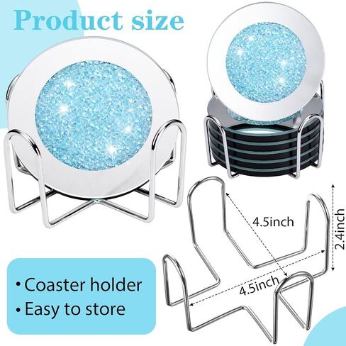 Jetec Crushed Diamond Decoration Glass Coaster Coasters Set of 6 with 1 Holder, Crystal Mirrored Coasters Glitter Crushed Diamond Decoration Rhinestone for Kitchen Bar Home(Silver,4 Inch) in Saudi Arabia