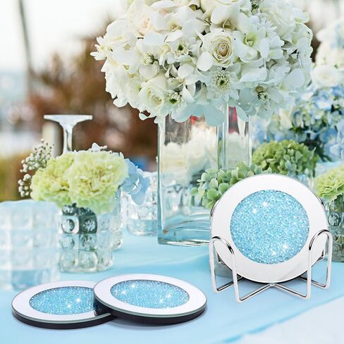 Jetec Crushed Diamond Decoration Glass Coaster Coasters Set of 6 with 1 Holder, Crystal Mirrored Coasters Glitter Crushed Diamond Decoration Rhinestone for Kitchen Bar Home(Silver,4 Inch) in Saudi Arabia