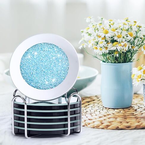 Jetec Crushed Diamond Decoration Glass Coaster Coasters Set of 6 with 1 Holder, Crystal Mirrored Coasters Glitter Crushed Diamond Decoration Rhinestone for Kitchen Bar Home(Silver,4 Inch) in Saudi Arabia