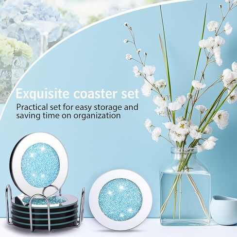 Jetec Crushed Diamond Decoration Glass Coaster Coasters Set of 6 with 1 Holder, Crystal Mirrored Coasters Glitter Crushed Diamond Decoration Rhinestone for Kitchen Bar Home(Silver,4 Inch) in Saudi Arabia