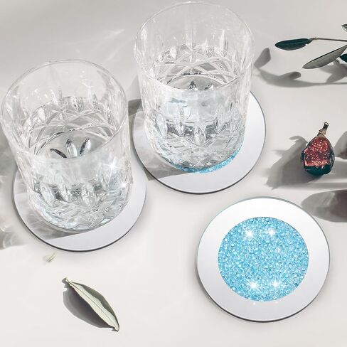 Jetec Crushed Diamond Decoration Glass Coaster Coasters Set of 6 with 1 Holder, Crystal Mirrored Coasters Glitter Crushed Diamond Decoration Rhinestone for Kitchen Bar Home(Silver,4 Inch) in Saudi Arabia