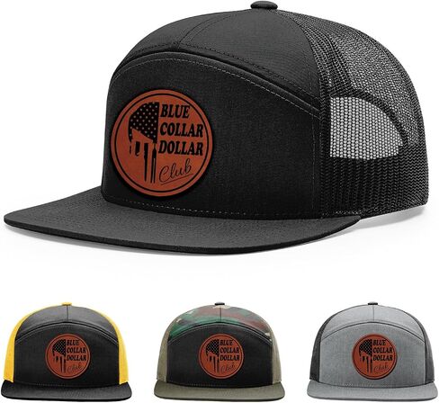Blue Collar Dollar Club, Blue Collar Brotherhood, Gift for Blue Collar Man Hat, 168 Style Trucker Leather Patch Hat for Men & Women, 7 Panel Baseball Cap with Snapback Enclosure in Kuwait