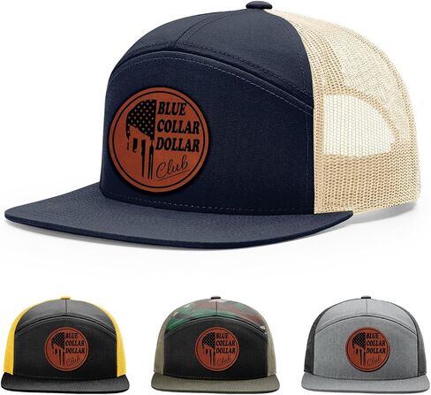 Blue Collar Dollar Club, Blue Collar Brotherhood, Gift for Blue Collar Man Hat, 168 Style Trucker Leather Patch Hat for Men & Women, 7 Panel Baseball Cap with Snapback Enclosure in Kuwait
