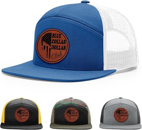 Blue Collar Dollar Club, Blue Collar Brotherhood, Gift for Blue Collar Man Hat, 168 Style Trucker Leather Patch Hat for Men & Women, 7 Panel Baseball Cap with Snapback Enclosure in Kuwait
