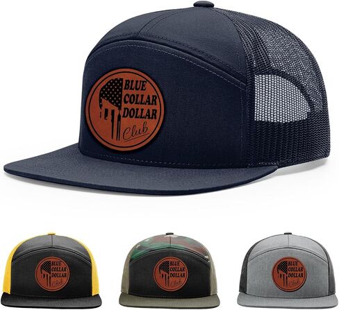 Blue Collar Dollar Club, Blue Collar Brotherhood, Gift for Blue Collar Man Hat, 168 Style Trucker Leather Patch Hat for Men & Women, 7 Panel Baseball Cap with Snapback Enclosure in Kuwait