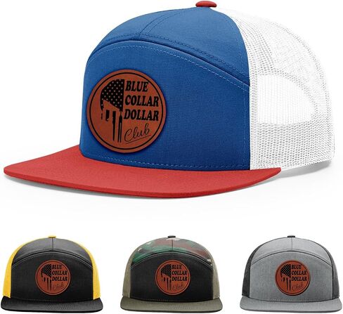 Blue Collar Dollar Club, Blue Collar Brotherhood, Gift for Blue Collar Man Hat, 168 Style Trucker Leather Patch Hat for Men & Women, 7 Panel Baseball Cap with Snapback Enclosure in Kuwait