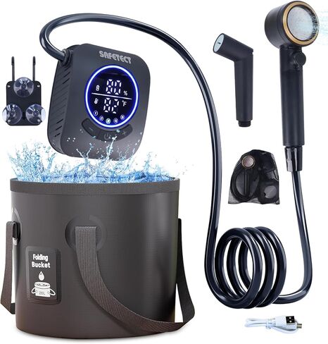 Portable Camping Shower Pump, 5 Speed Mode, 8000mAh Rechargeable Shower Pump, 4 Mode Shower Head and 20 L Foldable Bucket, Camp Shower for Hiking,Travel Beach, Pet Bath, Car Washing (Black) in Kuwait