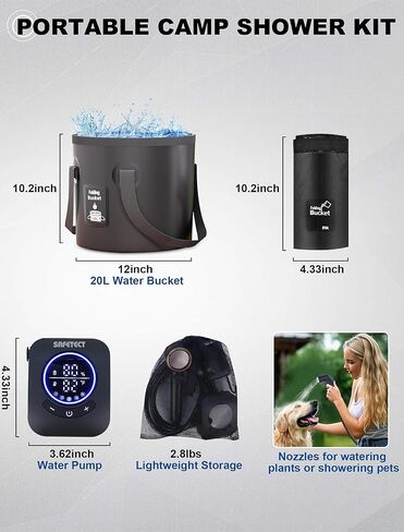 Portable Camping Shower Pump, 5 Speed Mode, 8000mAh Rechargeable Shower Pump, 4 Mode Shower Head and 20 L Foldable Bucket, Camp Shower for Hiking,Travel Beach, Pet Bath, Car Washing (Black) in Kuwait