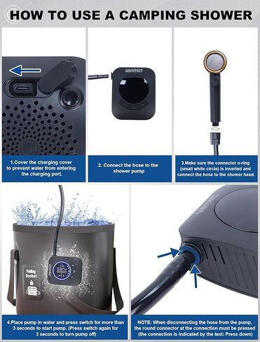 Portable Camping Shower Pump, 5 Speed Mode, 8000mAh Rechargeable Shower Pump, 4 Mode Shower Head and 20 L Foldable Bucket, Camp Shower for Hiking,Travel Beach, Pet Bath, Car Washing (Black) in Kuwait
