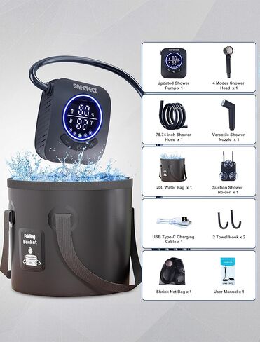 Portable Camping Shower Pump, 5 Speed Mode, 8000mAh Rechargeable Shower Pump, 4 Mode Shower Head and 20 L Foldable Bucket, Camp Shower for Hiking,Travel Beach, Pet Bath, Car Washing (Black) in Kuwait