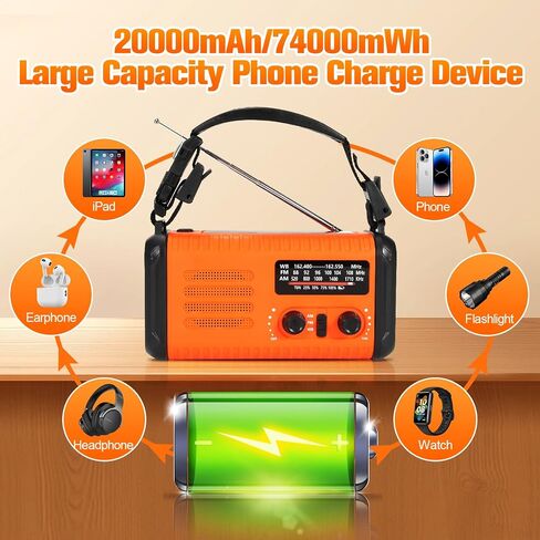 20000mAh/74000mWh Portable Emergency Weather Radio (Condor 1) NOAA/AM/FM with USB/Solar/Hand Crank Charging Battery Operated SOS Alarm & Flashlight for Indoor/Outdoor Emergencies Survival Supplies in Kuwait