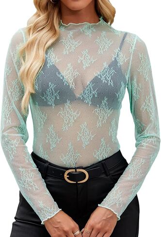 Womens Mesh Long Sleeve Tops Mock Neck Sexy See Through Tee Shirts Party Club Night Lace Blouse in Saudi Arabia