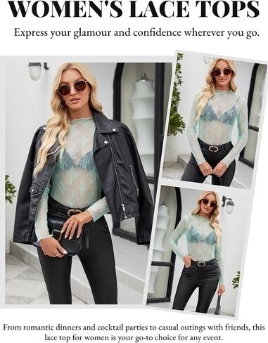 Womens Mesh Long Sleeve Tops Mock Neck Sexy See Through Tee Shirts Party Club Night Lace Blouse in Saudi Arabia