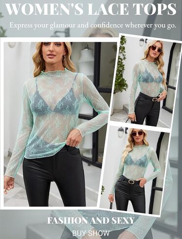 Womens Mesh Long Sleeve Tops Mock Neck Sexy See Through Tee Shirts Party Club Night Lace Blouse in Saudi Arabia