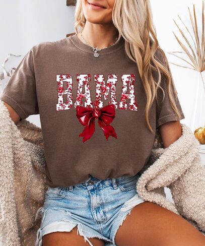 Bama Red Floral Bow Shirt for Women & Teens Trendy Alabama School Sports Fan Tee in Saudi Arabia
