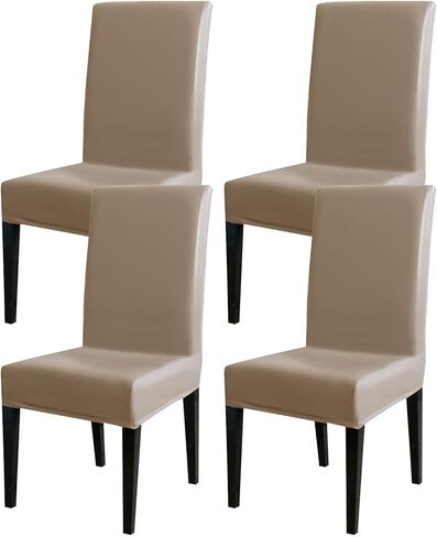 Rakila 4PC Solid Stretch Washable PU Leather Chair Covers, Waterproof Soft Removable Chair Seat Protector for Dining Kitchen, Khaki in Kuwait