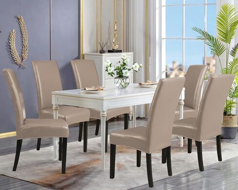 Rakila 4PC Solid Stretch Washable PU Leather Chair Covers, Waterproof Soft Removable Chair Seat Protector for Dining Kitchen, Khaki in Kuwait