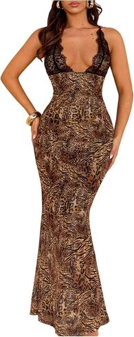 Wdirara Women's Lace Leopard Print Cami Maxi Dress Sexy Deep V DEACT BACKLED BOODYCON VIRESSES in Saudi Arabia