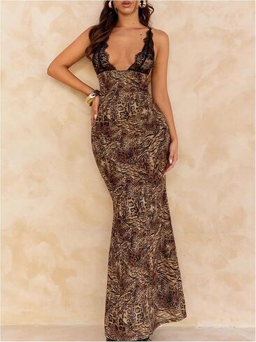 Wdirara Women's Lace Leopard Print Cami Maxi Dress Sexy Deep V DEACT BACKLED BOODYCON VIRESSES in Saudi Arabia