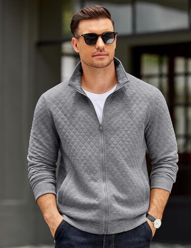 COOFANDY Mens Zip Up Sweatshirt Mock Neck Quilted Jacket Casual Lightweight Sweater Jackets with Pocket in Saudi Arabia