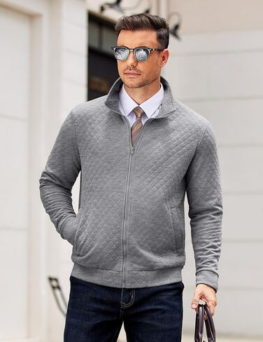 COOFANDY Mens Zip Up Sweatshirt Mock Neck Quilted Jacket Casual Lightweight Sweater Jackets with Pocket in Saudi Arabia