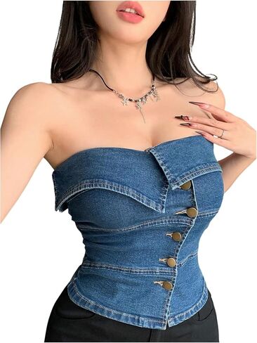 Wdirara Women's Brandless Denim Tube Top Y2K Button Down Lackless Jean Bandeau Tops in Saudi Arabia