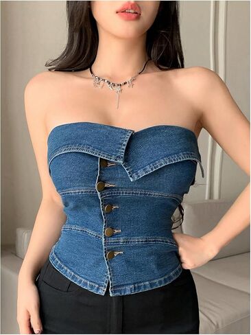 Wdirara Women's Brandless Denim Tube Top Y2K Button Down Lackless Jean Bandeau Tops in Saudi Arabia