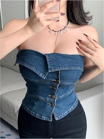 Wdirara Women's Brandless Denim Tube Top Y2K Button Down Lackless Jean Bandeau Tops in Saudi Arabia