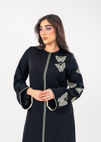 لهجات ذهبية أسود أنيقة ، أمامية سحاب ، أكمام مشوقة - فستان إسلامي متواضع للعيد ، رمضان ، والمناسبات الخاصة in Saudi Arabia