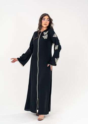 لهجات ذهبية أسود أنيقة ، أمامية سحاب ، أكمام مشوقة - فستان إسلامي متواضع للعيد ، رمضان ، والمناسبات الخاصة in Saudi Arabia