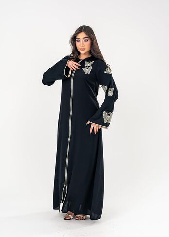 لهجات ذهبية أسود أنيقة ، أمامية سحاب ، أكمام مشوقة - فستان إسلامي متواضع للعيد ، رمضان ، والمناسبات الخاصة in Saudi Arabia