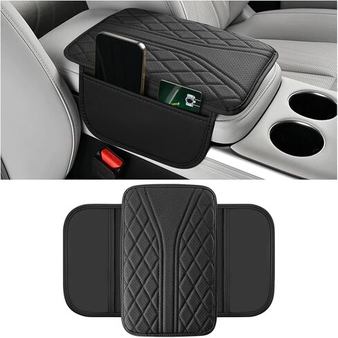 Car Center Console Cover, Leather Vehicle Armrest Box Pad with 2 Storage Bags, Automotive Interior Arm Rest Cushion Protector Accessories, Universal for SUV Sedan Truck (Black) in Saudi Arabia