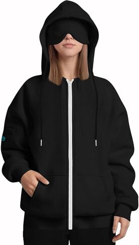 Zip Up Hoodie with Eye Mask Built In, Comfort Airplane Wearable Blanket Sweatshirt Men Women Sleep Clothes in Saudi Arabia