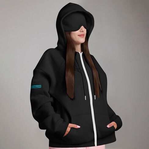 Zip Up Hoodie with Eye Mask Built In, Comfort Airplane Wearable Blanket Sweatshirt Men Women Sleep Clothes in Saudi Arabia