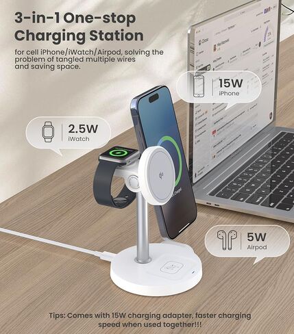 3 in 1 Wireless Charging Station Qi2 Mag-Safe Charger for Apple, 15W Fast Wireless Charger Stand for iPhone 16/15/14/13/12, Watch Fast Charger, Magnetic Charger for AirPods in Saudi Arabia
