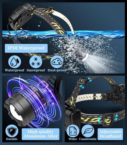 MoKo Rechargeable Headlamp, 3-in-1 2500 High Lumens Head Lamp with 9 LED, 13 Modes IP44 Waterproof LED Headlamp with 3 Color Temps, Running Headlight for Camping, Cycling, Hiking, Fishing, Black in Saudi Arabia